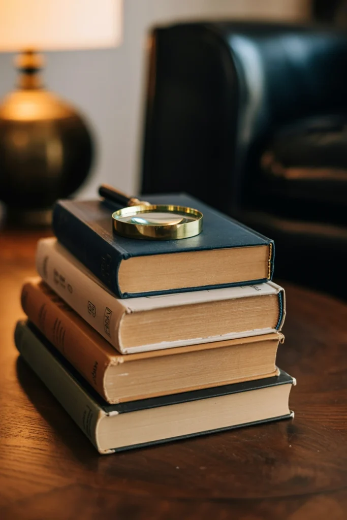 Stacked vintage books topped with a small brass object on a coffee table