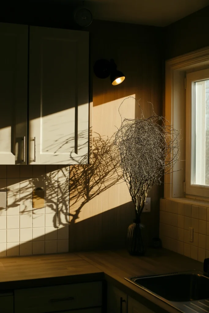 Directional lamp casting dramatic shadows across Halloween kitchen decor
