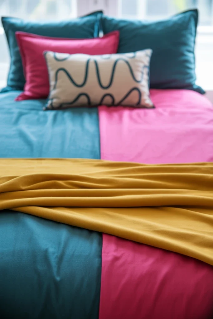 Color-blocked duvet in teal and pink layered with matching throw pillows on an 80s bed