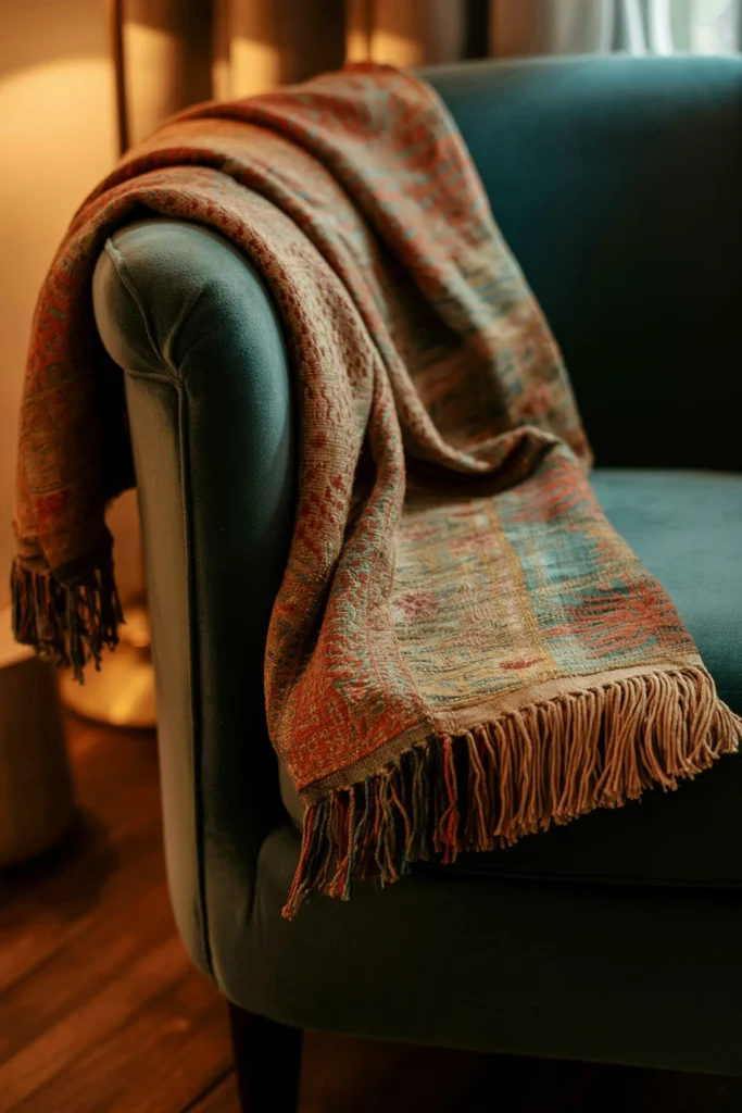Vintage tapestry draped over the arm of a velvet chair