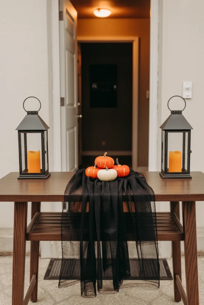 An apartment entryway table with a black gauze fabric runner, two matching orange LED lanterns at each end, and a central mini pumpkin grouping