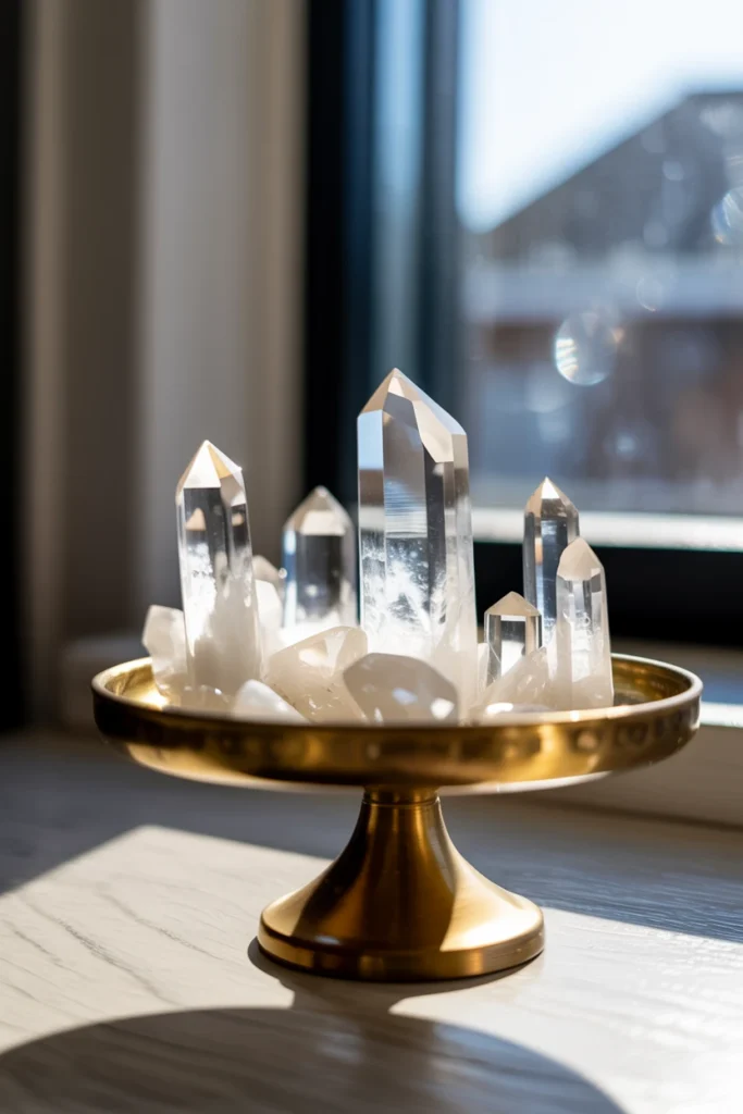 Crystal cluster and points arranged on a brass riser shelf beside a window