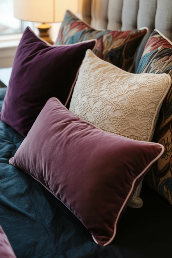 mixed velvet and lace throw pillows on dark bedding