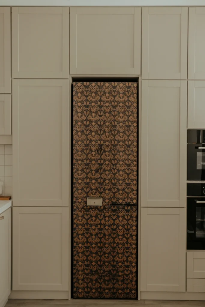 Removable black and orange patterned wallpaper on kitchen accent wall