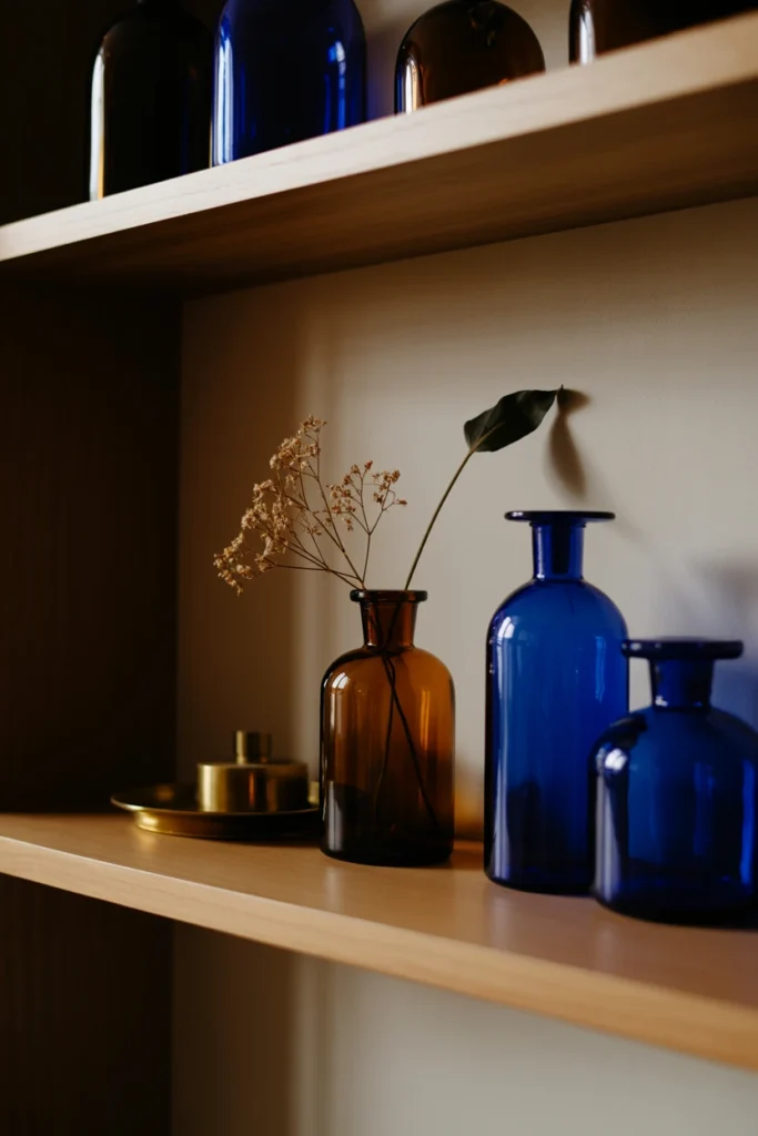 Amber and cobalt apothecary bottles displayed on open wood shelving