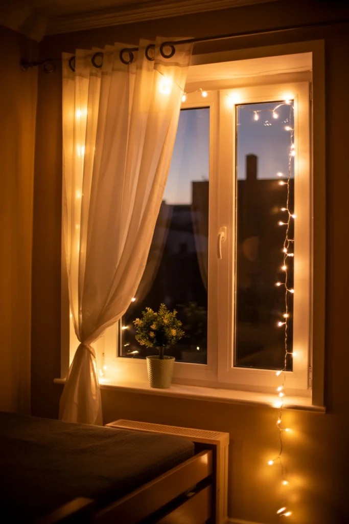 Warm fairy lights draped around a bedroom window frame