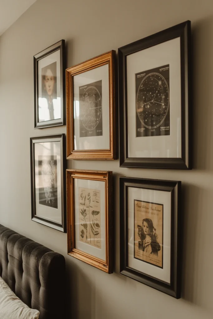 Gallery wall with celestial charts and botanical illustration prints