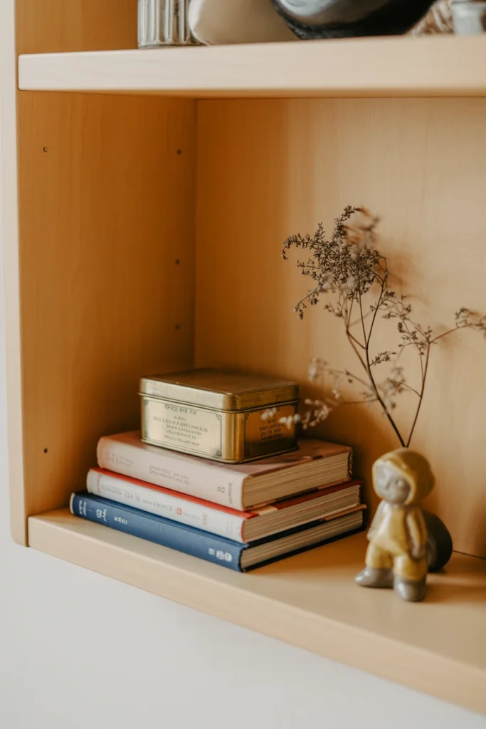 Open shelf styled with vintage tin, dried flowers, and small figurine