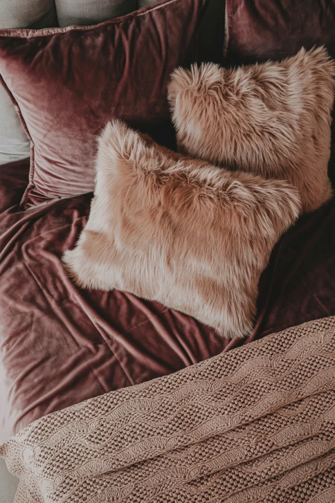 Layer Velvet, Lace, and Faux Fur Textures on the Bed
