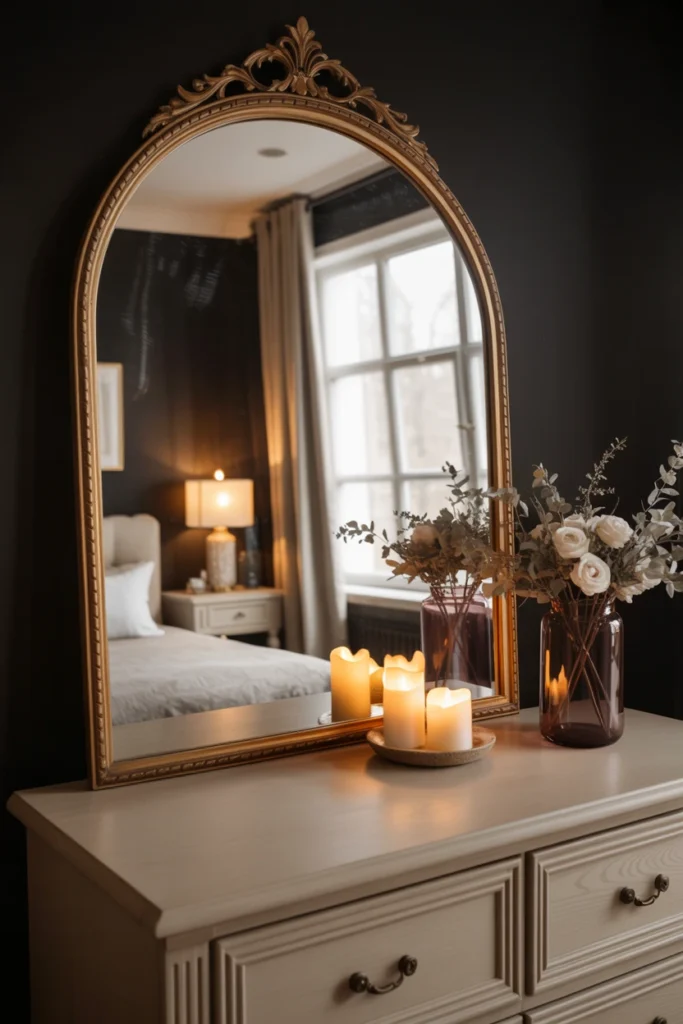 Anchor the room with one statement mirror