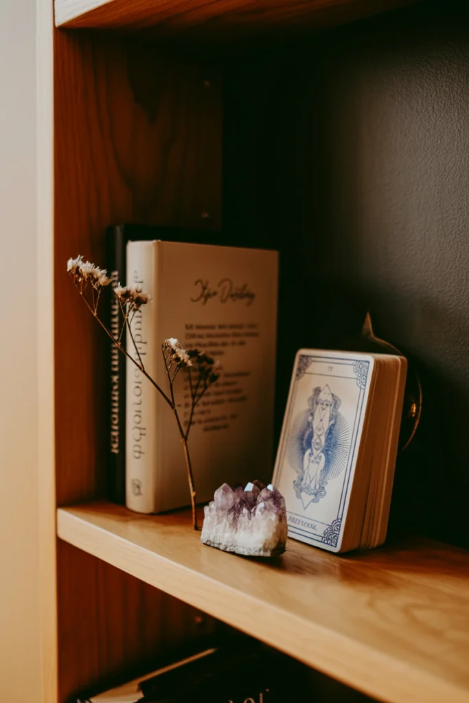 Tarot cards and crystal cluster styled on open shelf