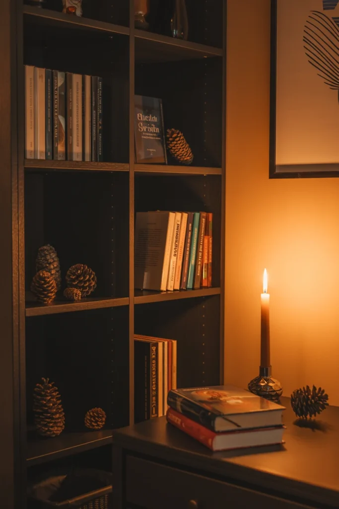 Autumn-themed styling on a bookshelf with pinecones and candles