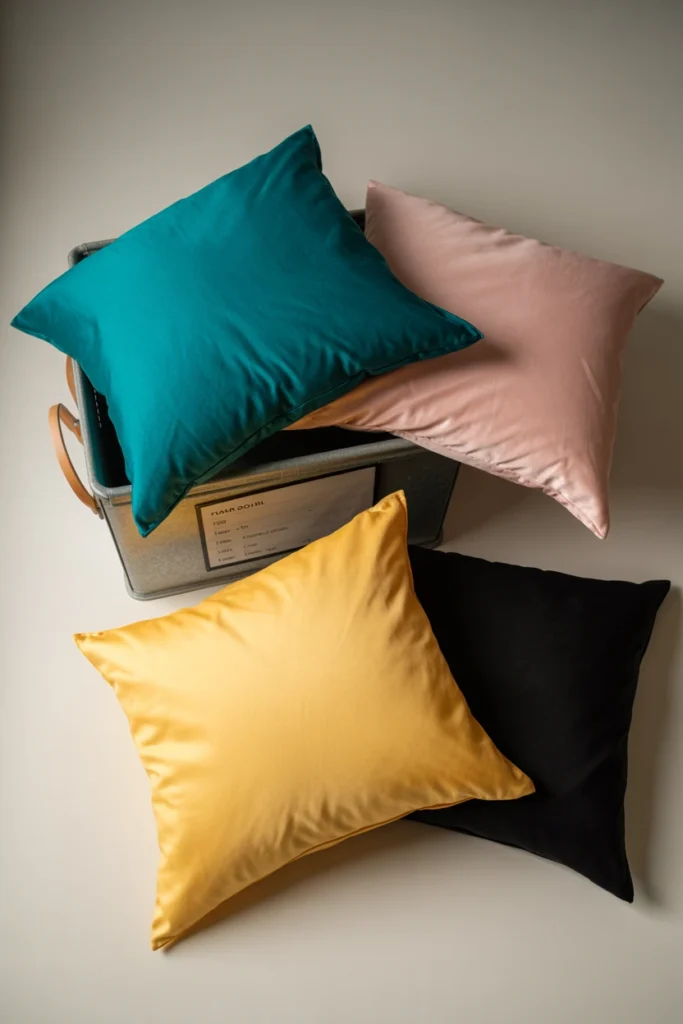 Two sets of seasonal throw pillows stored in labeled fabric bins