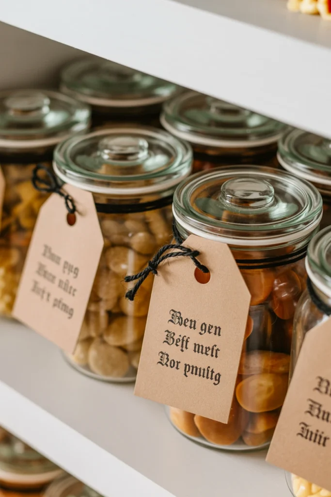  Pantry jars with black apothecary-style labels for Halloween