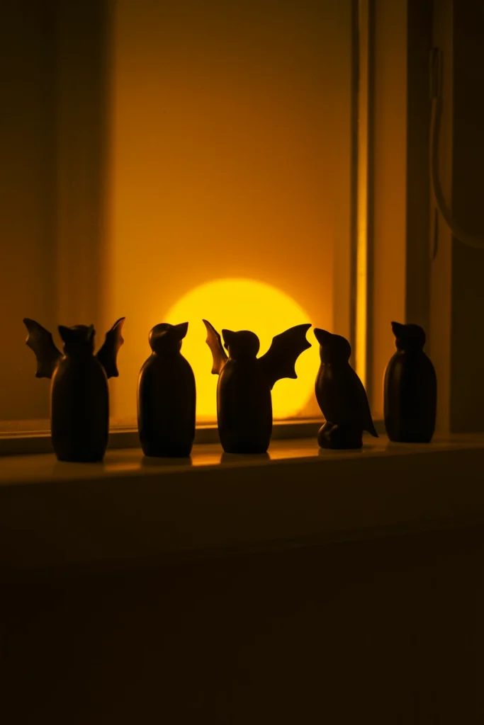 Black silhouette figures lined up on a windowsill at dusk