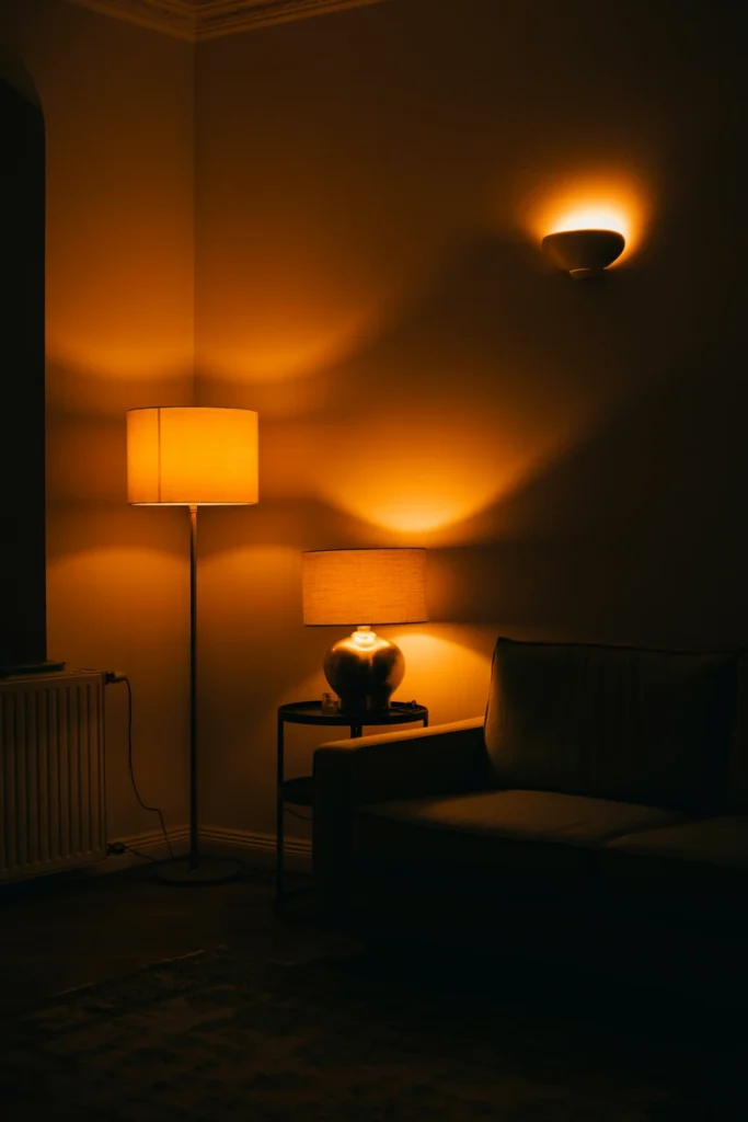Living room lit by a floor lamp, table lamp, and wall sconce