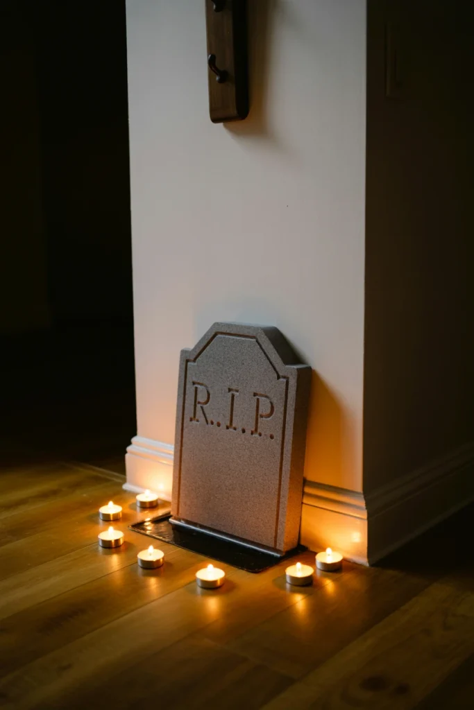 A foam halloween tombstone leaned against an apartment entryway wall beside a black entry mat, with small battery-powered tea lights arranged around its base