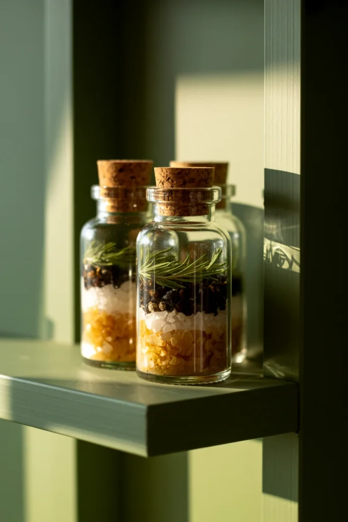 Corked glass witch bottles filled with herbs and salt on a small shelf