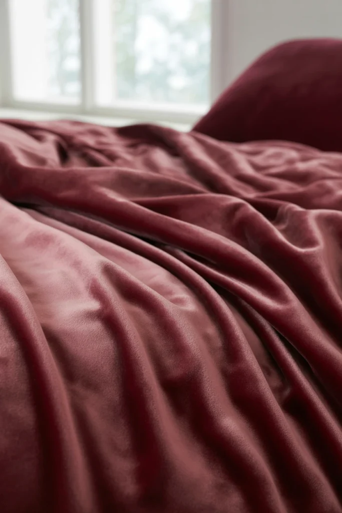 Deep burgundy velvet duvet cover on a dark gothic bed