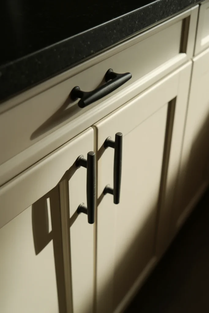 Matte black cabinet hardware on kitchen cabinets