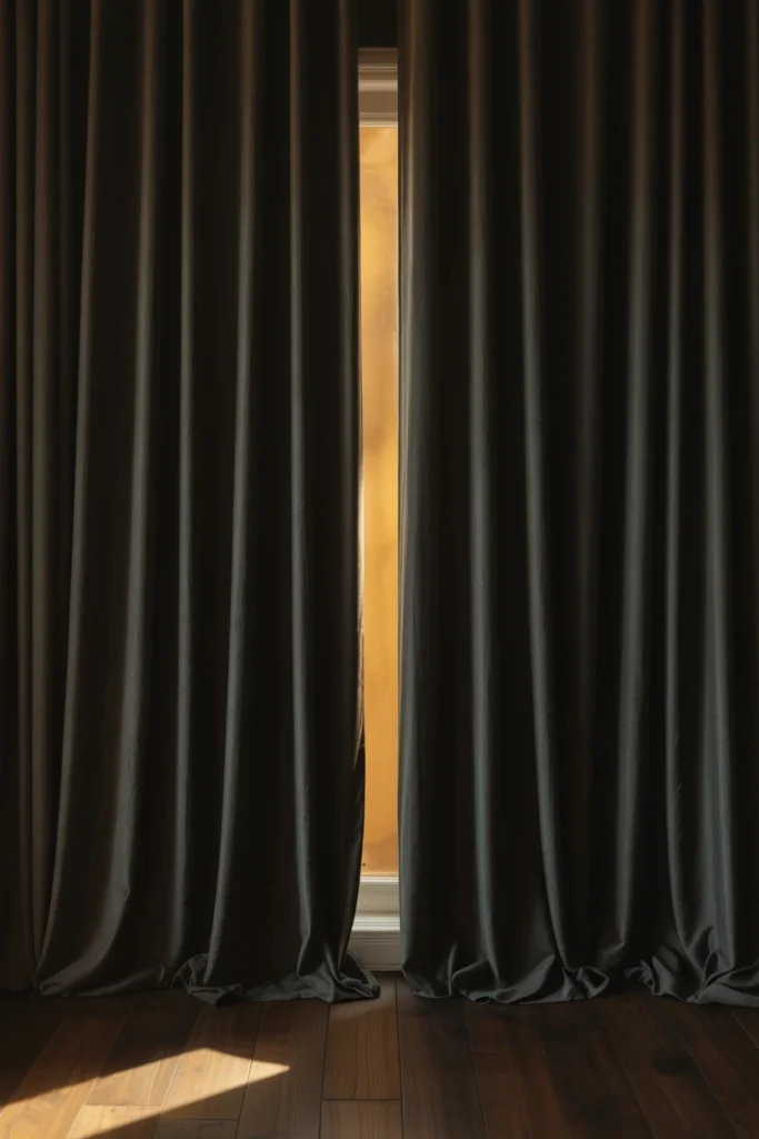 Floor-to-ceiling black velvet curtains framing a bedroom window