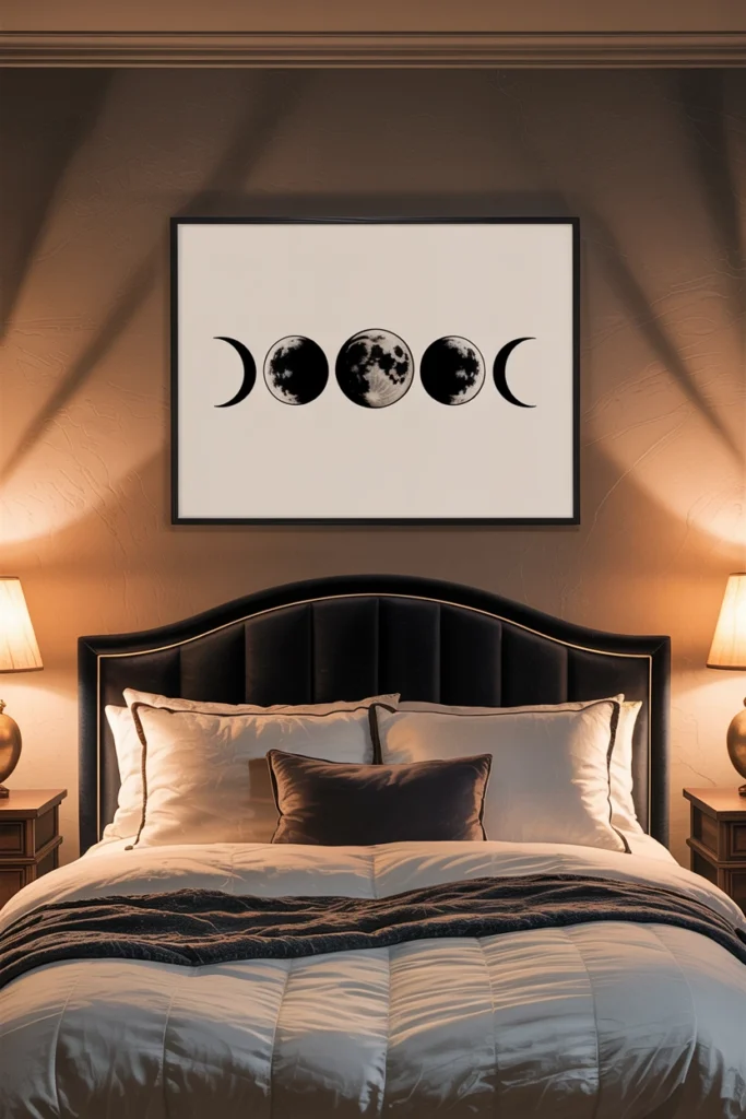 Moon phase art print mounted above a velvet headboard