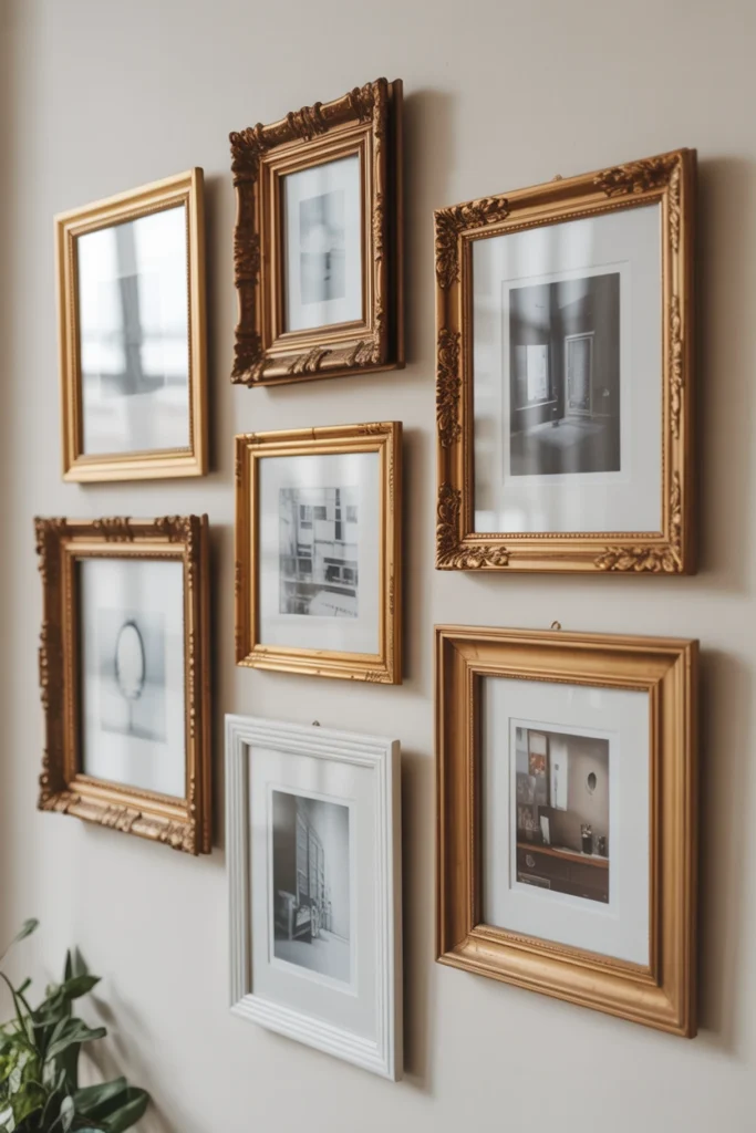 Gallery wall with mismatched gold and painted wood frames