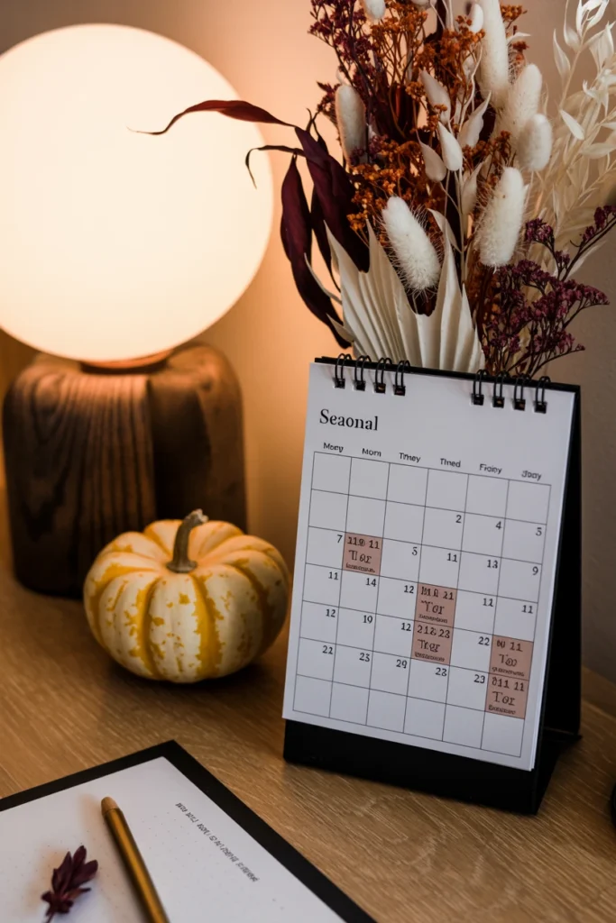 Seasonal decor rotation calendar shown beside an altar