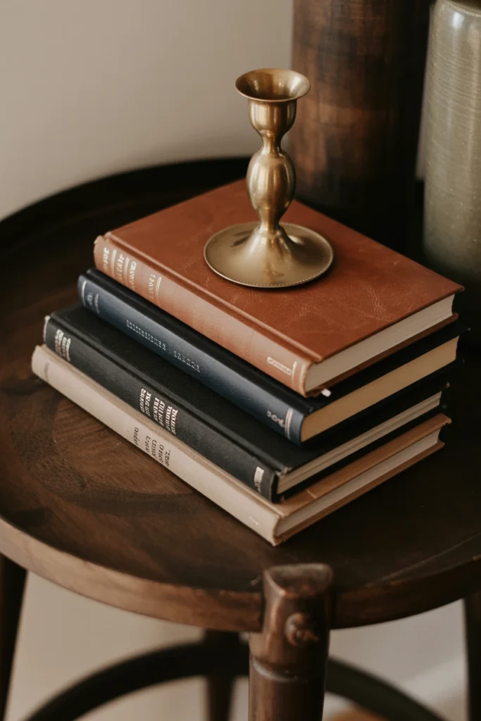 Stacked leather-bound books topped with brass candlestick