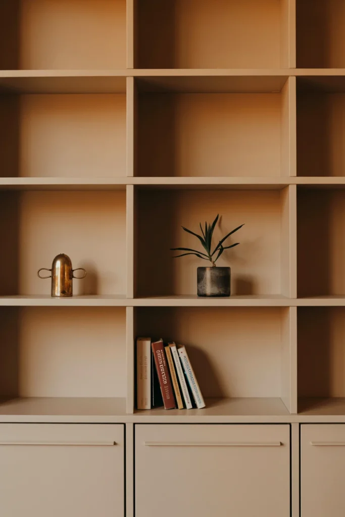 Curated bookshelf with visible negative space between objects