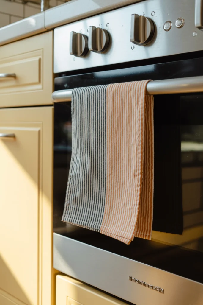 Black and orange striped Halloween dish towels hanging on an oven handle