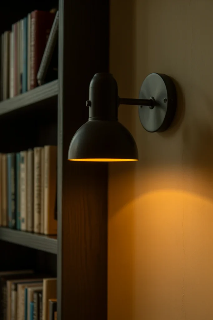 Black wall sconce with an amber-toned bulb beside a bookshelf
