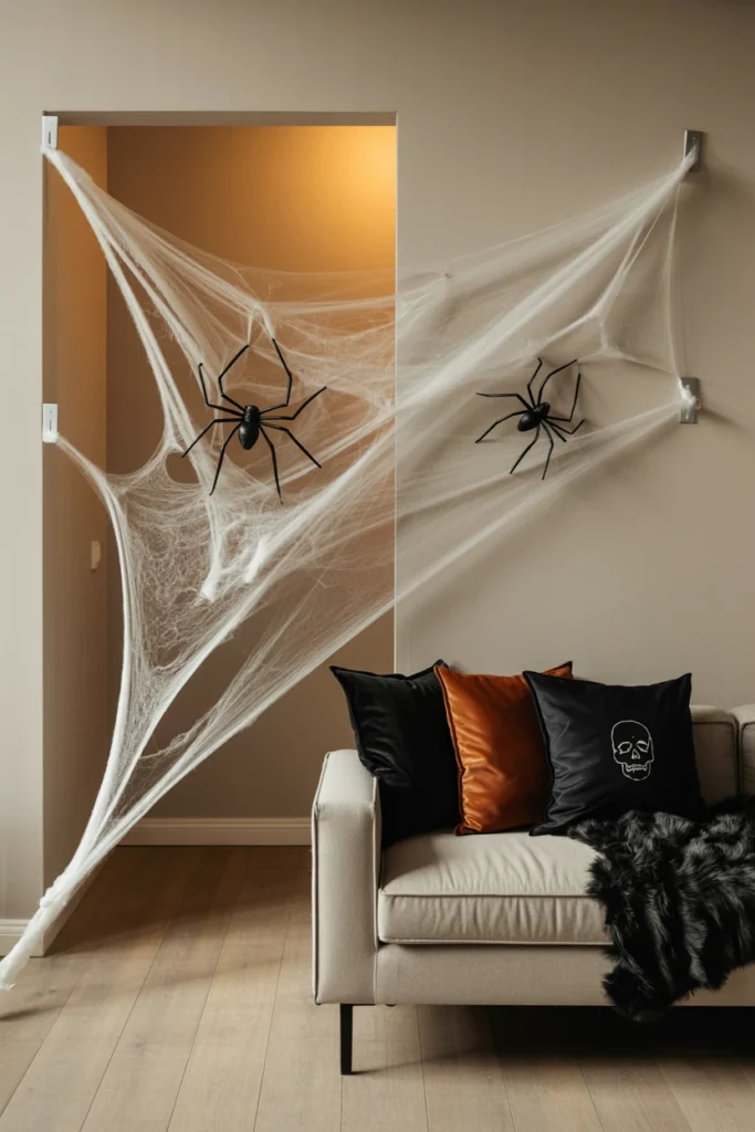 An apartment entryway corner filled with stretched translucent white faux cobweb material with two large plastic spiders visible within the web