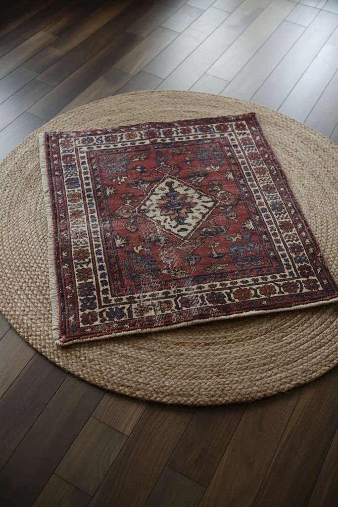 Vintage patterned rug layered over a jute base rug on dark hardwood