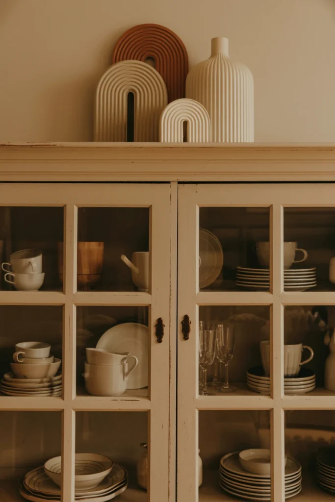 Kitchen hutch styled with muted rust and cream Halloween decor