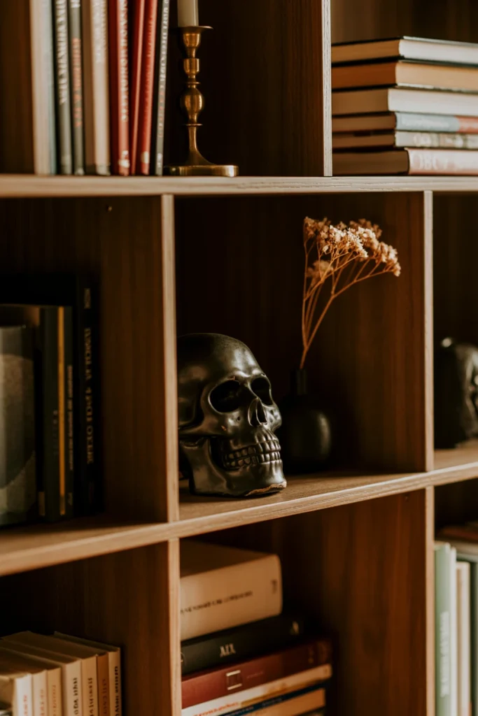 Bookshelf styled with stacked books, a skull object, and dried florals