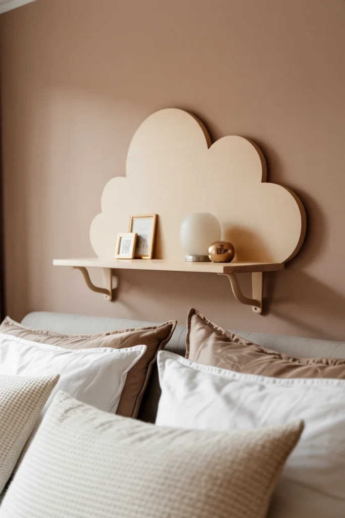 Cloud-shaped shelf centered above a whimsical bedroom headboard