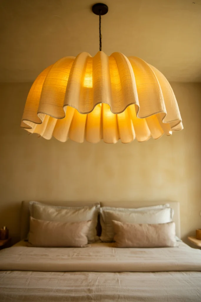 Oversized scalloped pendant light fixture as bedroom statement piece