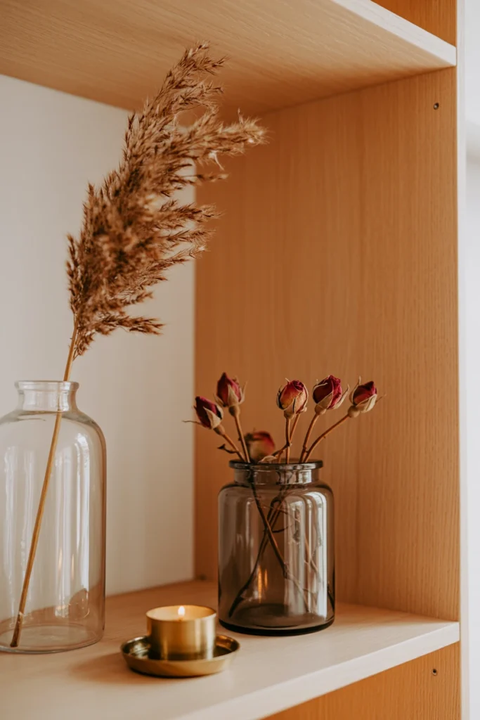 Style Open Shelves with Apothecary Jars and Dried Florals