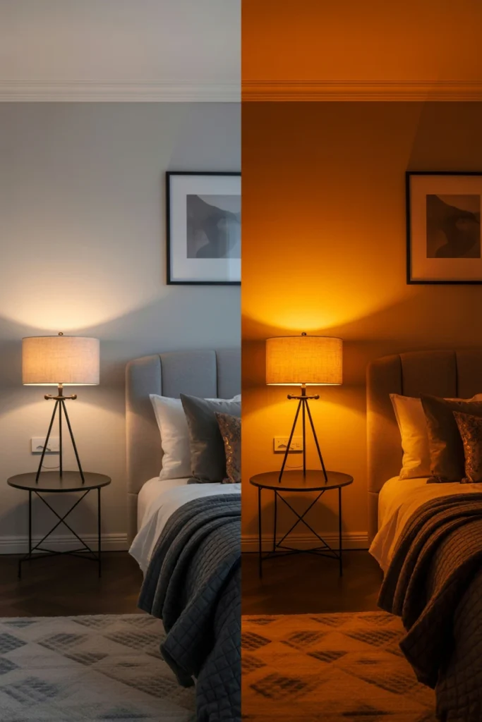 Switch bright white bulbs for warm amber-toned lighting
