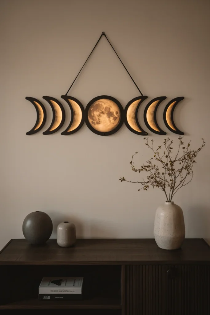 Moon-phase wall hanging above dark wood console