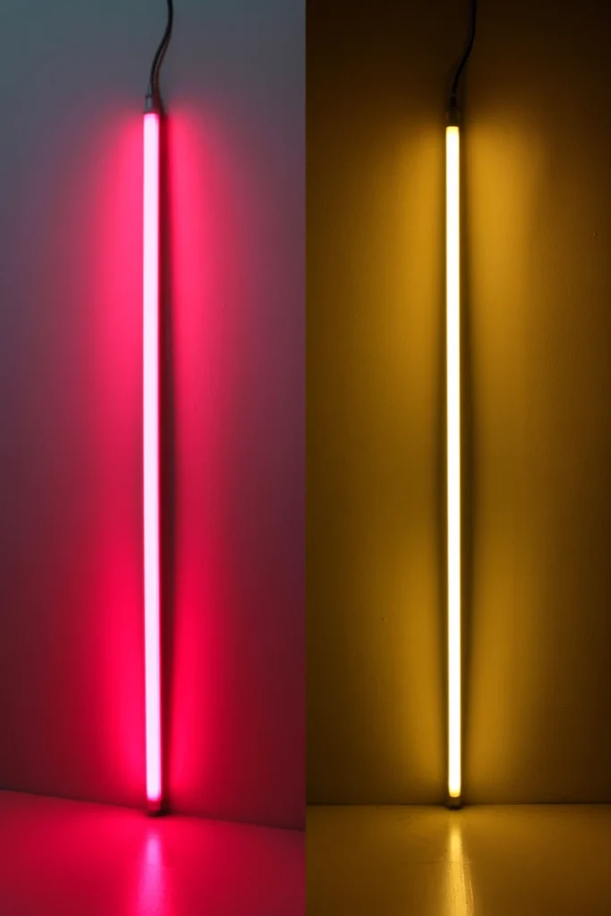 Comparison of a bright new neon LED strip beside a dimmer, yellowed older strip