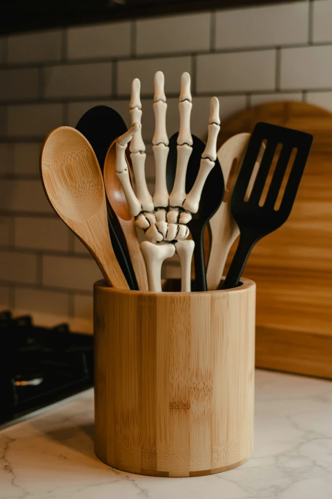Skeleton hand decoration inside a kitchen utensil crock