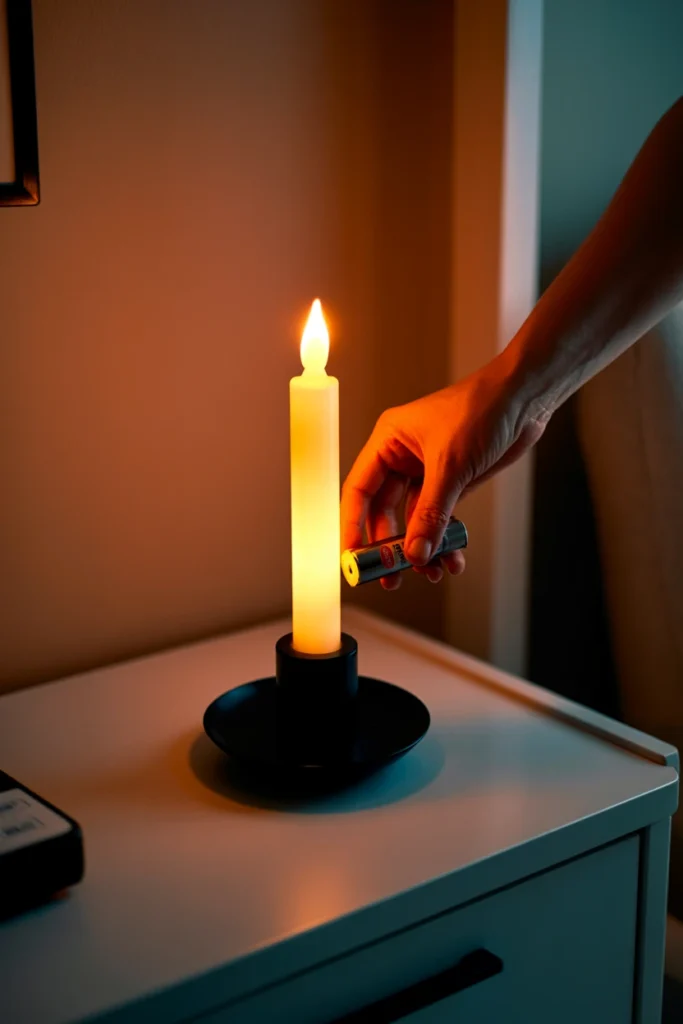 Hand checking batteries in a flameless candle