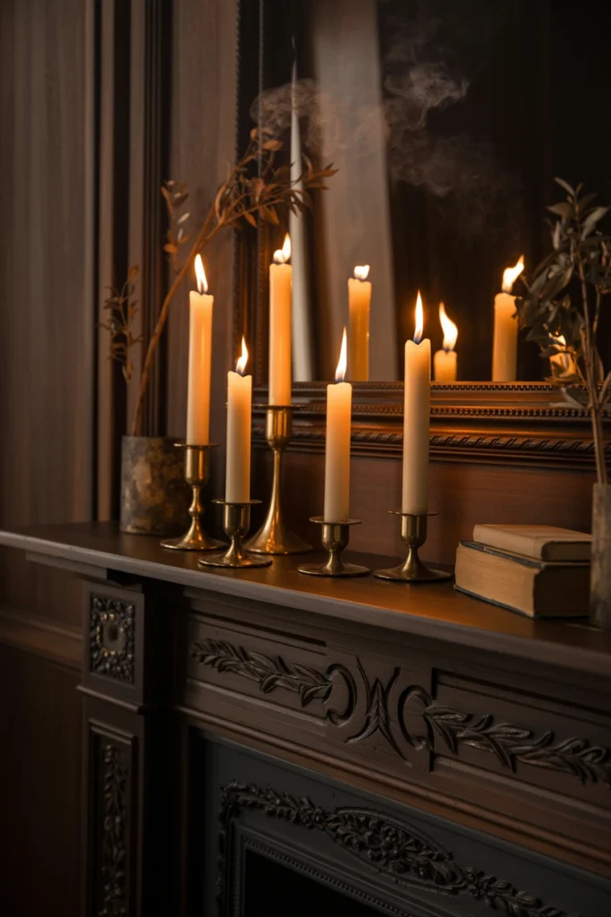 Flameless taper candles on a dark wood mantel at dusk