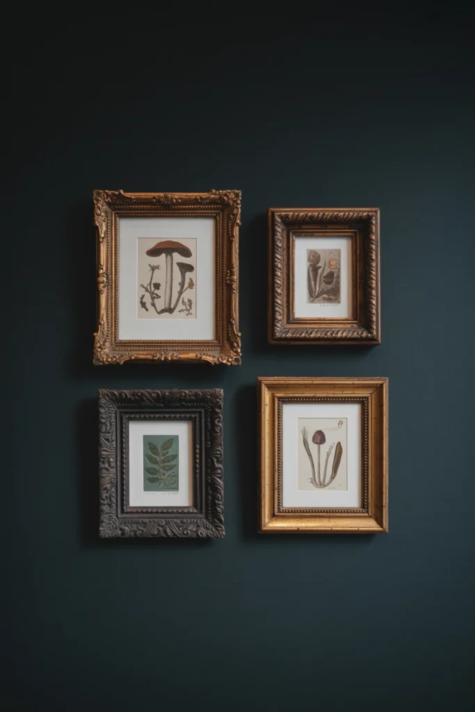 Mismatched antique gilt frames holding botanical illustrations on a dark wall
