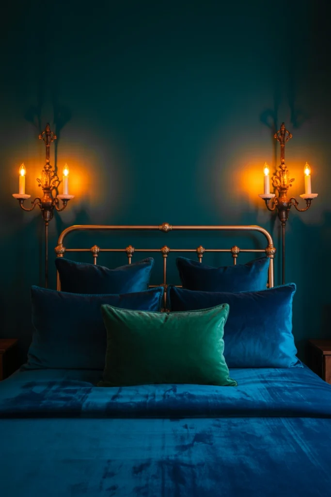 black iron wall sconce with candle bulb beside bed