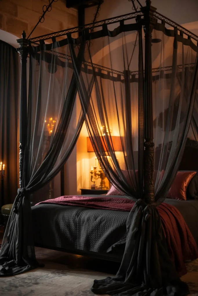 Sheer black canopy curtains draped around a gothic four-poster bed