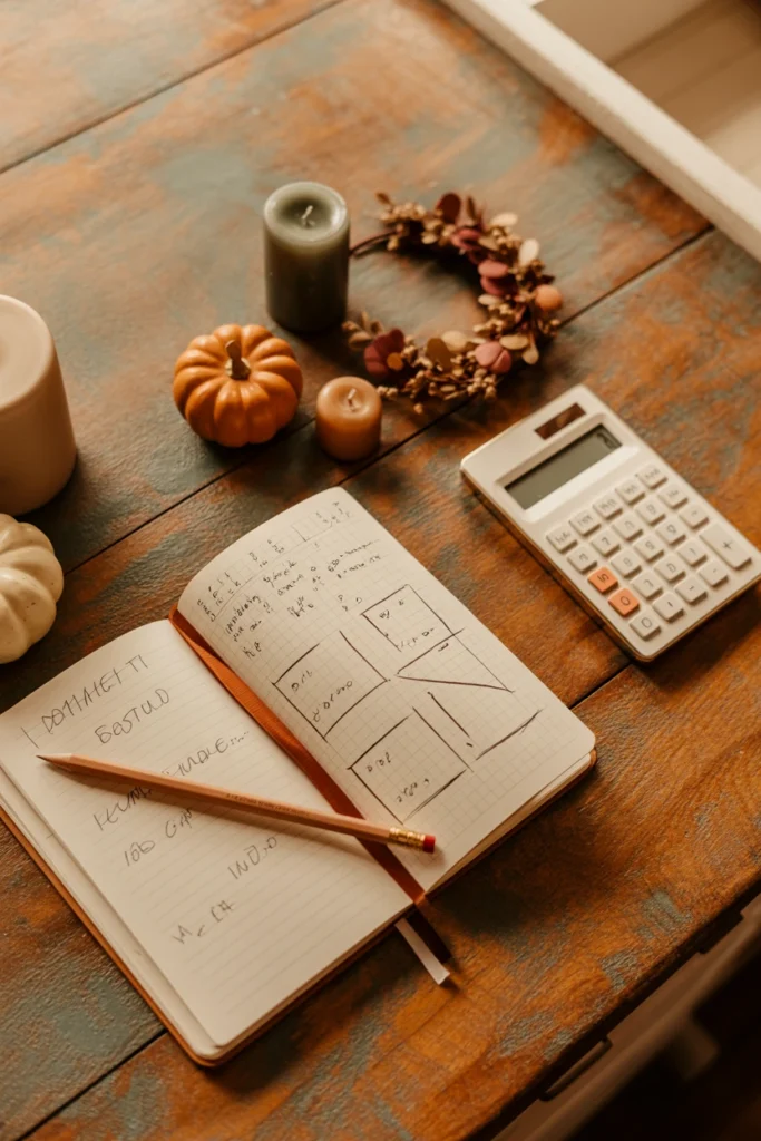Budget planning notepad with Halloween kitchen decor items