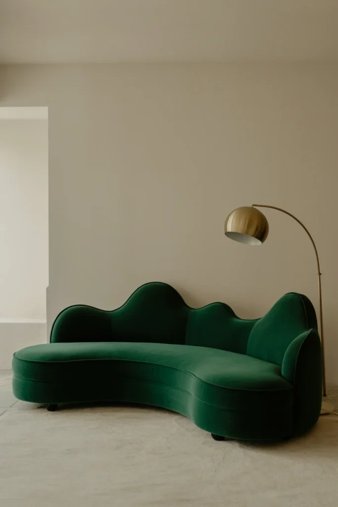 Curved velvet sofa as the anchor piece in a whimsical living room